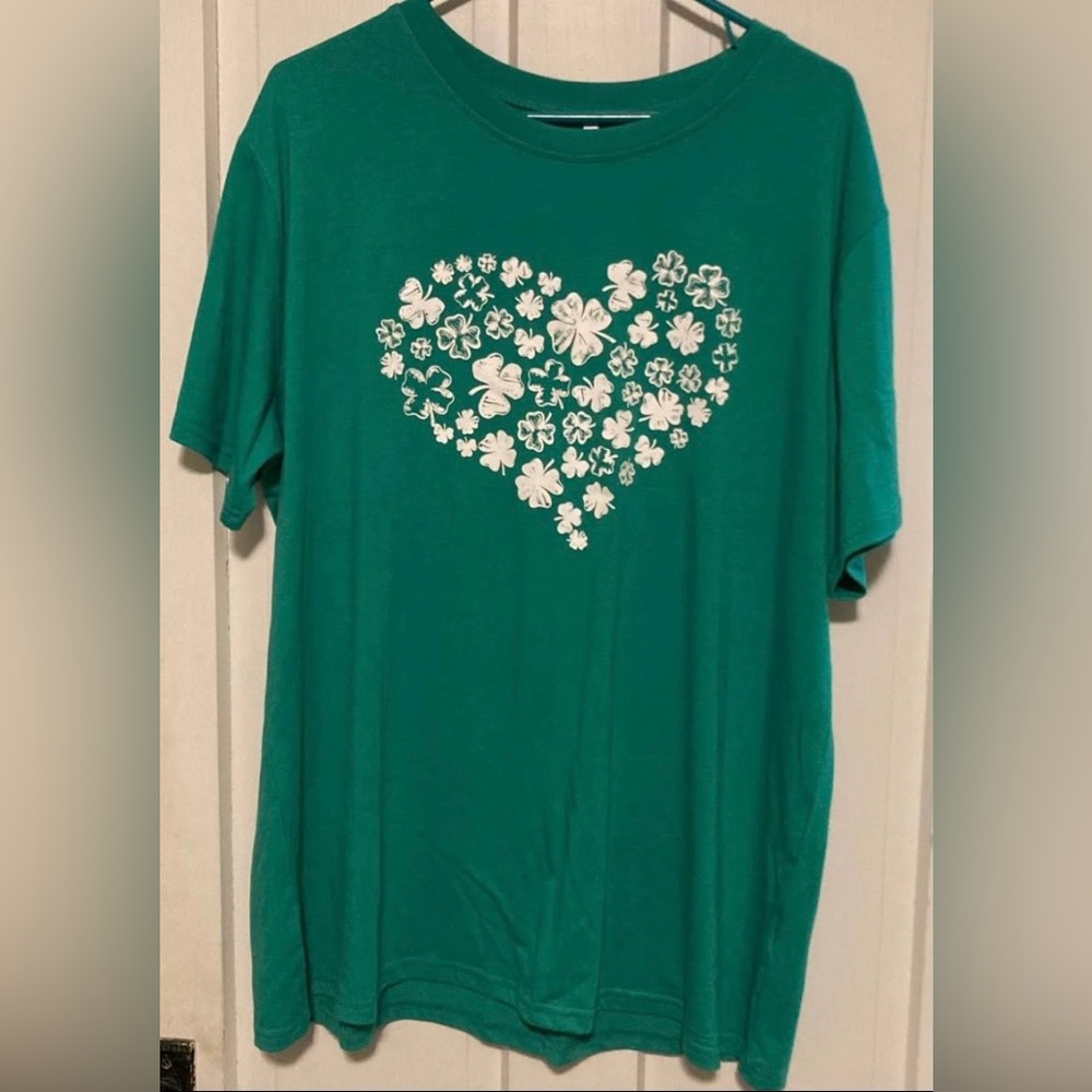 Green Tee with White Floral Heart Graphic